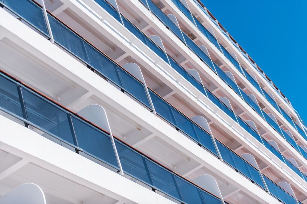 A close-up of a cruise ship